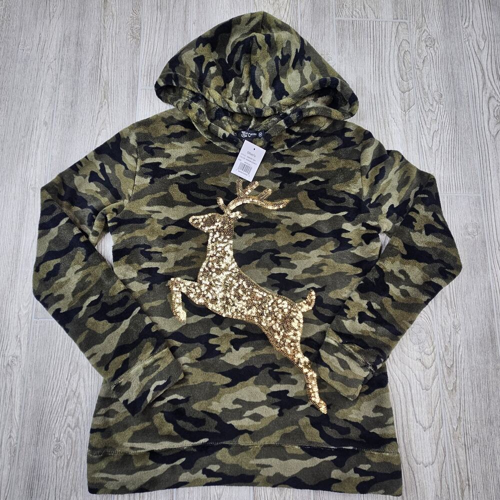 NWT Miss Chievous‎ Camo Fleece Sequin Gold Reindeer Hoodie Sweatshirt Medium